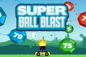 Barevná grafika s nápisem „SUPER BALL BLAST“ na modrém pozadí se střílejícím dělem a polygonálními balóny s čísly