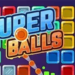 Barevné bloky uspořádané ve čtvercích s nápisem SUPER BALLS na barevném pozadí