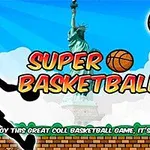 Silueta basketbalisty, dva basketbalové míče, koš, Socha Svobody na pozadí a nápisy Super Basketball a slogan ve spodní části