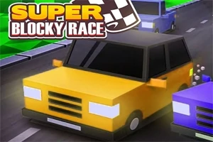 Kostkovitá auta na závodní dráze s nápisem Super Blocky Race
