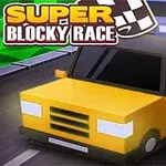 Kostkovitá auta na závodní dráze s nápisem Super Blocky Race