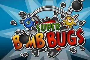 Barevný nápis Super Bomb Bugs s modrou a žlutou postavičkou hmyzu házející bomby na modrém pozadí
