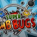 Barevný nápis Super Bomb Bugs s modrou a žlutou postavičkou hmyzu házející bomby na modrém pozadí