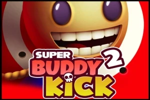 Barevný kreslený úsměv s velkými zuby na červeném pozadí s textem Super Buddy Kick 2
