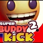 Barevný kreslený úsměv s velkými zuby na červeném pozadí s textem Super Buddy Kick 2