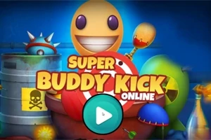 Usmívající se postavička s kulatou hlavou obklopená barevnými rekvizitami a názvem Super Buddy Kick Online na modrém pozadí