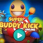 Usmívající se postavička s kulatou hlavou obklopená barevnými rekvizitami a názvem Super Buddy Kick Online na modrém pozadí