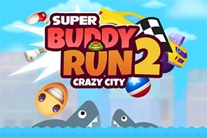 Barevná ilustrace s textem Super Buddy Run 2 Crazy City a grafickými prvky, jako jsou auta, emotikony a zuby krokodýlů ve vodě