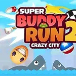 Barevná ilustrace s textem Super Buddy Run 2 Crazy City a grafickými prvky, jako jsou auta, emotikony a zuby krokodýlů ve vodě
