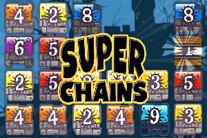 Barevné dlaždice s čísly v mřížce s nápisem Super Chains uprostřed