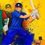 Ilustrace hráčů kriketu v různobarevných dresech s pálkami na barevném pozadí