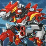 Robotický dinosaurus s červenými, šedými a bílými mechanickými prvky a zbraněmi, stojící na modrém pozadí