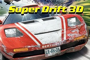 Červené závodní auto s bílými pruhy v rychlém pohybu se žlutým textem Super Drift 3D nahoře