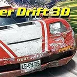 Červené závodní auto s bílými pruhy v rychlém pohybu se žlutým textem Super Drift 3D nahoře