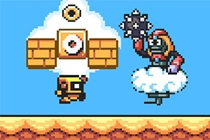 Barevná retro pixelová scéna s postavou na obláčku držící zbraň, létající postavou a zlatými kostkami na modrém pozadí