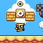 Barevná retro pixelová scéna s postavou na obláčku držící zbraň, létající postavou a zlatými kostkami na modrém pozadí