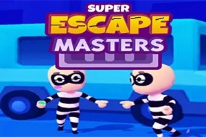 Dvě kreslené postavičky v pruhovaných oblecích a maskách stojí před modrým autem pod logem Super Escape Masters