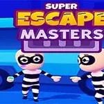 Dvě kreslené postavičky v pruhovaných oblecích a maskách stojí před modrým autem pod logem Super Escape Masters