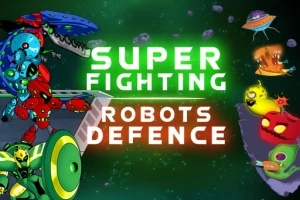Bojoví roboti stojící na platformách proti mimozemským plavidlům s nápisy Super Fighting a Robots Defence na hvězdném pozadí
