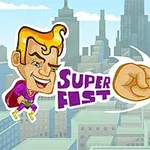 Superhrdina s blond vlasy a fialovým pláštěm míří pěstí na tři barevná příšerky v městském prostředí