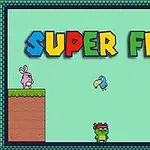 Barevný nápis SUPER FROG s kreslenými zvířaty, jako je žába, pták a králík na plošině