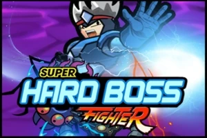 Kreslený bojovník v brnění s královskou helmou gestikulující prsty na fialovém pozadí s nápisem Super Hard Boss Fighter