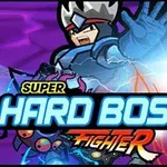 Kreslený bojovník v brnění s královskou helmou gestikulující prsty na fialovém pozadí s nápisem Super Hard Boss Fighter