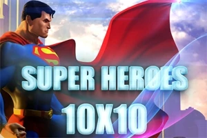 Postava v modrém kostýmu s červeným pláštěm a nápisem „SUPER HEROES 10X10“ na modro-červeném pozadí