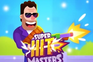 Postavička s brýlemi a úsměvem drží střílející zbraň, v popředí je nápis Super Hit Masters
