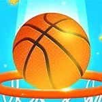 Oranžový basketbalový míč padající do oranžového koše na modrém pozadí s hvězdičkami
