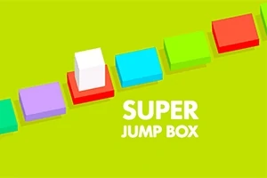 Barevné kostky na zeleném pozadí s bílým blokem skákajícím mezi nimi, text SUPER JUMP BOX
