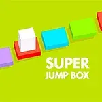 Barevné kostky na zeleném pozadí s bílým blokem skákajícím mezi nimi, text SUPER JUMP BOX