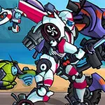 Dva barevní roboti se zbraněmi v pozadí pláže