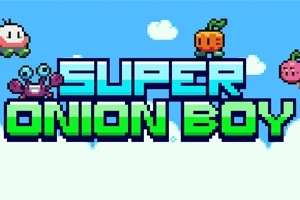 Název Super Onion Boy ve pixlované grafice s kreslenými zeleninovými postavičkami na modrém pozadí s mraky