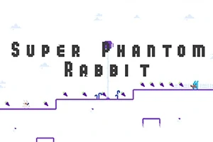 Text Super Phantom Rabbit na bílém pozadí s postavou modrého králíka na fialové plošině