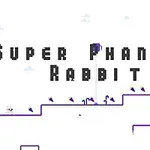 Text Super Phantom Rabbit na bílém pozadí s postavou modrého králíka na fialové plošině