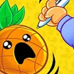 Ananas s vyděšeným obličejem držený v rukou, s neznámou osobou držící pero na jasně žlutém pozadí