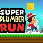 Postavička ve hře na pozadí s nápisem Super Plumber Run a žlutým otazníkovým symbolem
