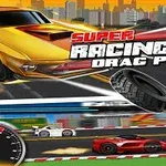 Zlaté závodní auto a červené sportovní auto na závodní dráze s městským panoramatem v pozadí