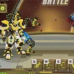 Dva futurističtí roboti ve žlutých a červených barvách stojí proti sobě na aréně s mimozemským prostředím v pozadí