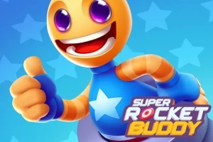 Kreslená postavička s velkým úsměvem a fialovýma očima v modrém obleku s hvězdou, která dává palec nahoru na modrém pozadí s nápisem Super Rocket Buddy