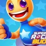 Kreslená postavička s velkým úsměvem a fialovýma očima v modrém obleku s hvězdou, která dává palec nahoru na modrém pozadí s nápisem Super Rocket Buddy