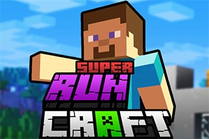 Postava s kostkovaným designem v modrém tričku se zdviženou paží a nápisem Super Run Craft v popředí