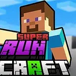 Postava s kostkovaným designem v modrém tričku se zdviženou paží a nápisem Super Run Craft v popředí
