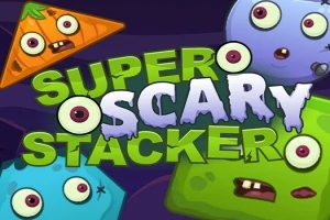 Barevné kreslené příšerky různých tvarů a výrazů obklopují nápis Super Scary Stacker