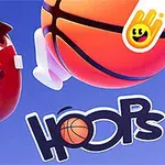 3D postava v červené barvě s basketbalovým míčem a textem „Hoops“ na modrém pozadí
