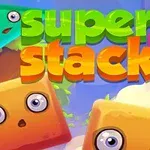 Barevné postavičky tvarů s velkýma očima a textem super stack na modrofialovém pozadí