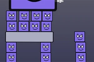 Fialové bloky s tvářemi poskládané do různých formací na šedém pozadí
