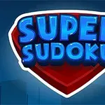 Modrá neonová slova SUPER SUDOKU na červeném štítu s tmavě modrým pozadím