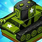 Zelený kreslený tank s bílými hvězdami na modrém pozadí s paprsky světla